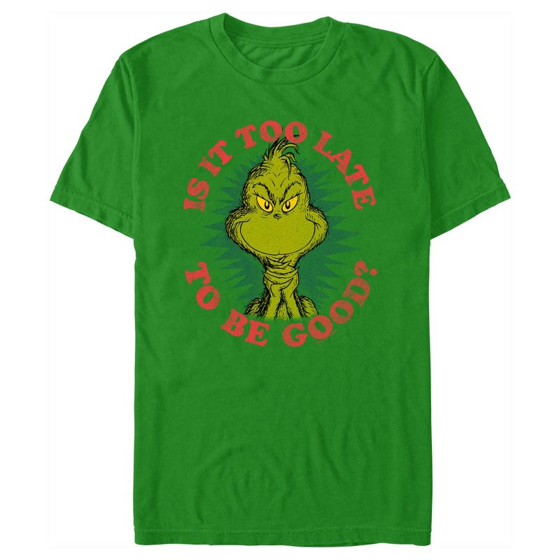 Men's Dr. Seuss Christmas The Grinch Is it too Late T-Shirt, 1 of 6
