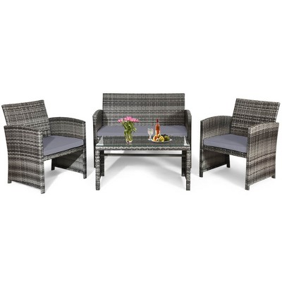 Tangkula Set of 4 Patio Wicker Conversation Furniture Set Sofa & Table Set w/4 Seats Outdoor Rattan Sofa Set Mix grey