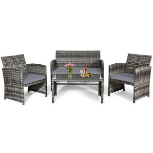 Tangkula Set of 4 Patio Wicker Conversation Furniture Set Sofa & Table Set w/4 Seats Outdoor Rattan Sofa Set Mix grey - 1 of 4