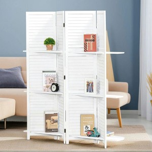 Resenkos 4-Panel Folding Room Divider - 6Ft Freestanding Bamboo Privacy Screen with Storage Shelves, for Bedroom/Office, Natural Wood Color - 1 of 4