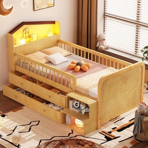 KIGFTSOD Low Loft Bed with LED Lights, Wooden Twin Loft Bed with House Shape Headboard - 1 of 4