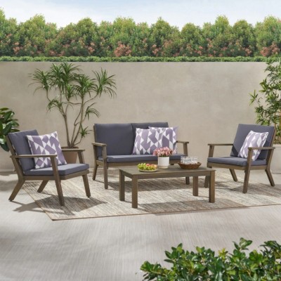 4-Piece All-Weather Wood Patio Conversation Set with Cushions, Outdoor Seating Furniture for Deck, Porch or Backyard – The Pop Home
