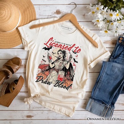 Licensed to Draw Blood Halloween Nurse T-Shirt, Groovy Tee for Spooky Season| OrnamentallyYou