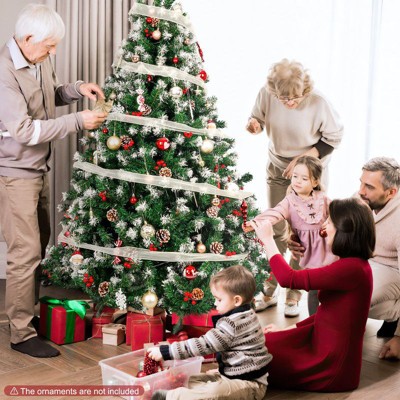 GIKPAL 6ft Pre-Lit Artificial Christmas Tree, Xmas Tree with 250 LED Lights, 54 Pine Cones & 54 Red Berries Hinged Christmas Tree, Party Decoration