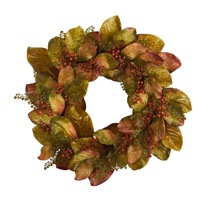 Nearly Natural 30-in Fall Magnolia Leaf and Berries Artificial Wreath