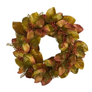 Nearly Natural 30-in Fall Magnolia Leaf and Berries Artificial Wreath - 1 of 3