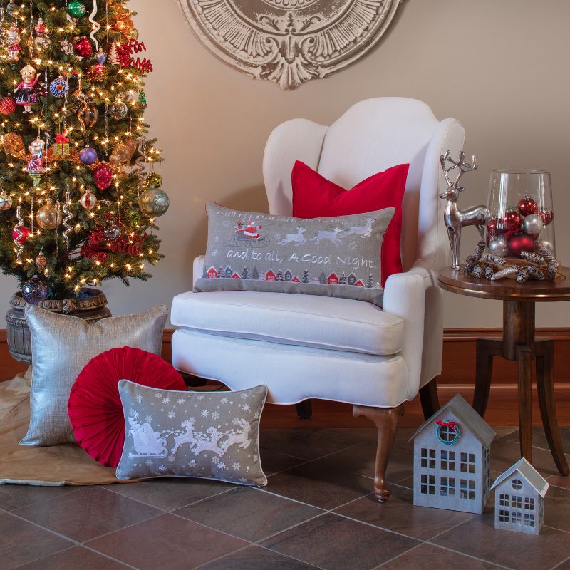Indoor Christmas &#39;Santa Sleigh &#38; Reindeers&#39; Gray Rectangular Throw Pillow Cover  - Pillow Perfect, 5 of 8