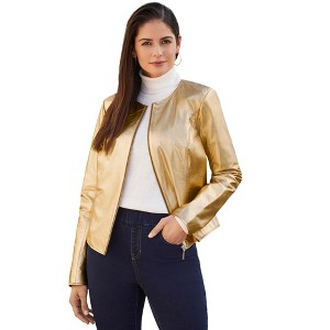 Jessica London Women's Plus Size Collarless Leather Jacket - 28 W, Gold - 1 of 4