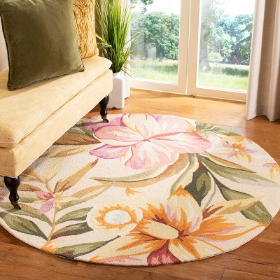 Ivory Floral Hand-Hooked Wool Round Area Rug, 4' x 4'