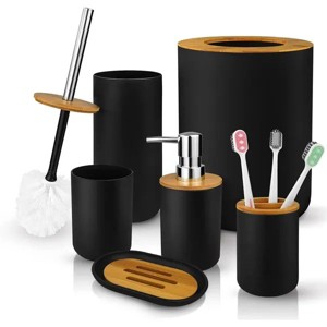 6 Pcs Bamboo and Plastic Bathroom Accessories Sets, Specially Designed for Small Spaces, Toothbrush Cup Bath Accessories Sets Suitable (Black) - 1 of 4
