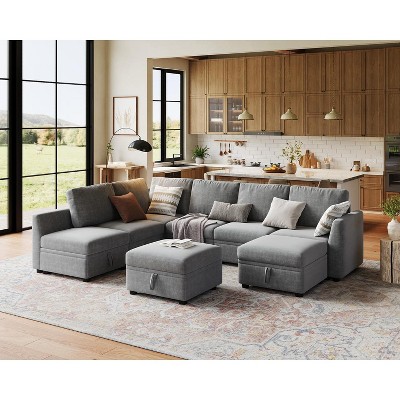 8/9 Seater U Shaped Modular Sectional Sofa, Oversized Convertible Couch with Storage, Chenille Sofa with Chaise & Removable Cover