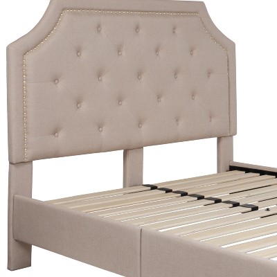 Transitional Beige Full Platform Bed with Tufted Nailhead Trim Headboard