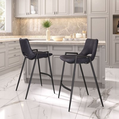 Faux Leather Counter Stool 35.6" H, Black With Powder Coated Steel Frame and Armrests by Zuo Modern (Set of 2)