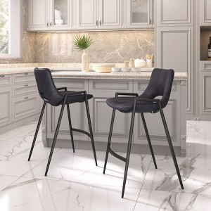 Faux Leather Counter Stool 35.6" H, Black With Powder Coated Steel Frame and Armrests by Zuo Modern (Set of 2) - 1 of 4