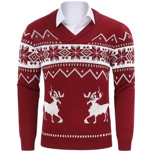Clearlove Mens Ugly Christmas Sweaters Snowflakes Holiday Reindeer Printed Shawl Collar Knitted Long Sleeve Pullover Jumpers - 1 of 4
