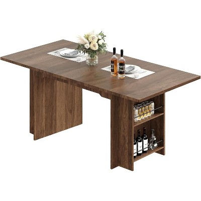 Farmhouse Dining Table for 6, 63 Inch  Wood Rustic Rectangle Kitchen Table with 4 Storage Shelves, Home Furniture Dining Table Walnut