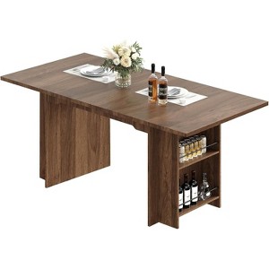 Farmhouse Dining Table for 6, 63 Inch  Wood Rustic Rectangle Kitchen Table with 4 Storage Shelves, Home Furniture Dining Table Walnut - 1 of 4