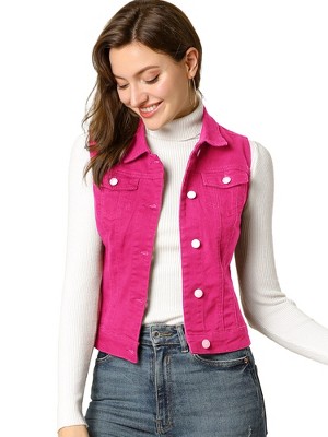 INSPIRE CHIC Women's Buttoned Washed Denim Vest with Faux Chest Flap Pockets