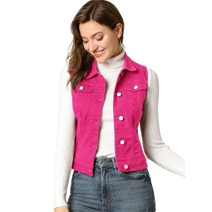 INSPIRE CHIC Women's Buttoned Washed Denim Vest with Faux Chest Flap Pockets - 1 of 4