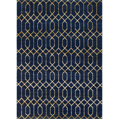 Navy Blue and Gold Trellis 9' x 12' Synthetic Area Rug