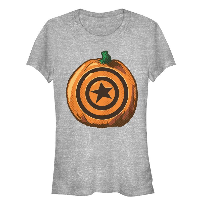 Juniors Womens Marvel Halloween Captain America Shield Pumpkin T-Shirt, 1 of 4