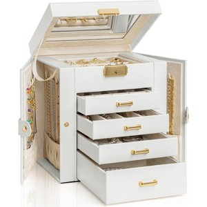 4-Tier Leather Jewelry Box with 3 Drawers Lockable Mirror and Organizer - 1 of 4