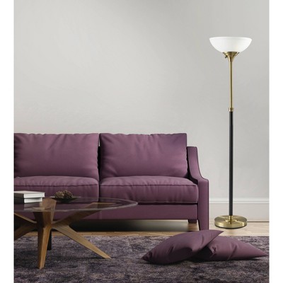71" Black and Antique Brass Torchiere Floor Lamp with Frosted Glass Shade