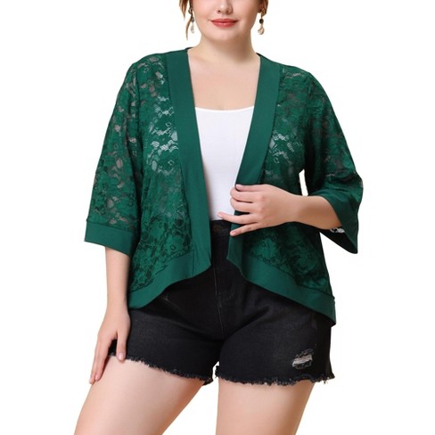 Agnes Orinda Women s Plus Size Elegant Open Front 3 4 Sleeve Floral Pattern Lace Lightweight Cardigans Green 4x Target