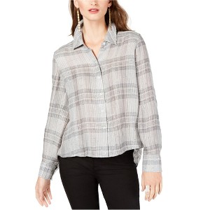 I.N.C International Concepts Womens Plaid Sequin Button Up Shirt, Grey, Medium - 1 of 1
