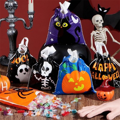 Joyfy 96pcs Halloween Drawstring Candy Bags for Party Favors，6 Designs Halloween Plastic Candy Bags with Kids Trick or Treat,Party Favors Supplies