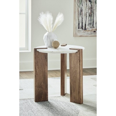 Round White Marble and Brown Wood End Table