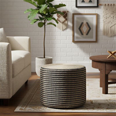 Larissa 18 inch Wide Round Pouf Ottoman, Sandy Natural and Ebony Jute ...