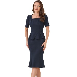 Allegra K Women's Business Square Neck Short Sleeve Peplum Blouse with Fishtail Bodycon Skirts 2-Pc-Set - 1 of 4