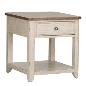 Liberty Furniture,Farmhouse Reimagined End Table with Basket in Antique White w/ Chestnut Top - 1 of 4