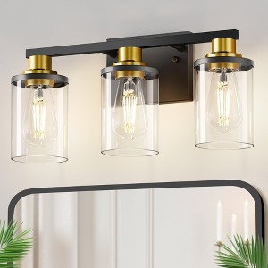 YANSUN 3 Light Black and Gold Vanity Light with Clear Tube Glass Shades and Square Backplate for Bathroom Mirror E26 Base - 1 of 1