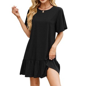 Womens Flowy T Shirt Dress Bell Sleeve Summer Shift Dress with Flounce Hem Flutter Lounge Dress Boat Neck Short Sleeve Mini Dress - 1 of 4