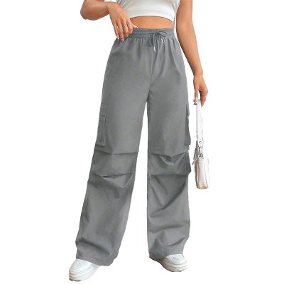 Womens Baggy Cargo Pants Wide Leg Cargo Pants Midwaist Drawtring Pants Loose Fit Straight Pants with Side Pockets Knee Pleated Pants