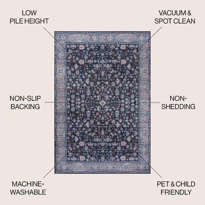 Kemer Black and Blue Washable Synthetic Persian Area Rug