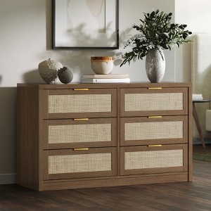 53" Rattan Dresser for Bedroom,6Drawer Boho Chest of Drawers,Large Storage Cabinet for Clothes,TV Stand,Wood Accent Furniture with Metal Handles - 1 of 4
