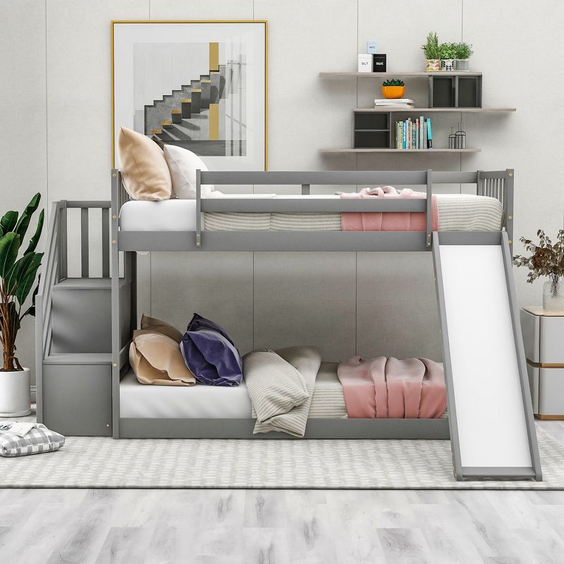 Twin over Twin Bunk Bed with Convertible Slide and Stairway-ModernLuxe, 1 of 13