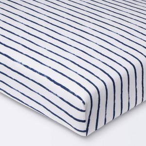 Polyester Rayon Jersey Fitted Crib Sheet - Cloud Island™ Navy Blue Vertical Stripe - 1 of 4