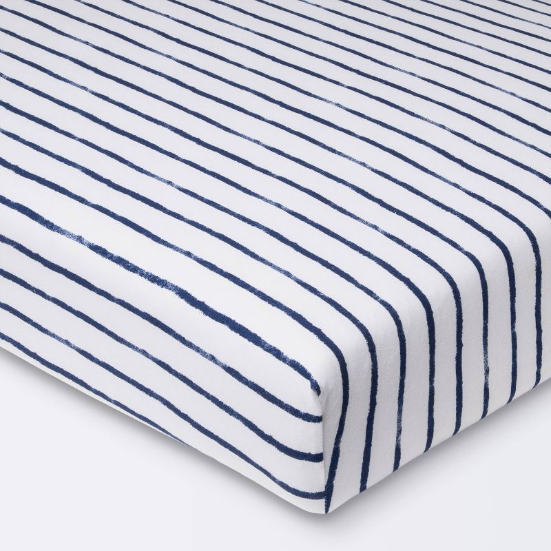 Polyester Rayon Jersey Fitted Crib Sheet - Cloud Island&#8482; Navy Blue Vertical Stripe, 1 of 7