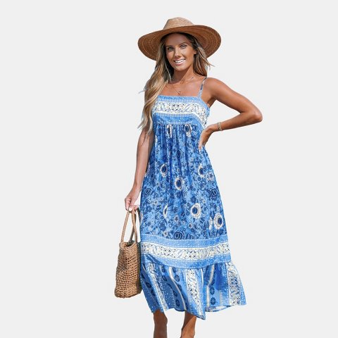 Женские платья Cupshe Women's Boho Chic Blue Floral Smocked Maxi Dress-L-Blue
