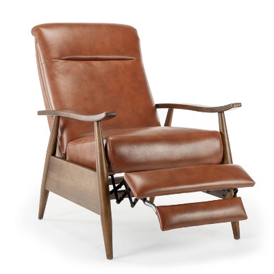 Caramel Mid-Century Modern Faux Leather Recliner with Wooden Arms