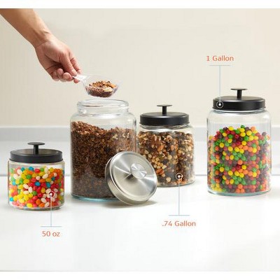 Clear Glass Round Kitchen Canister Set with Black Lids, 50 oz, Set of 2