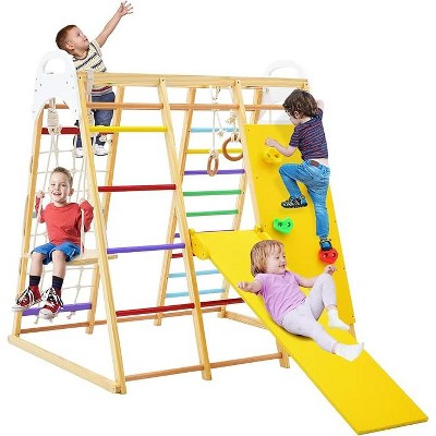 Costzon Indoor Jungle Gym, 8-in-1 Montessori Climbing Set for Toddlers with Slide, Rock Wall, Net, Monkey Bars, Wooden Playset for Ages 3–6