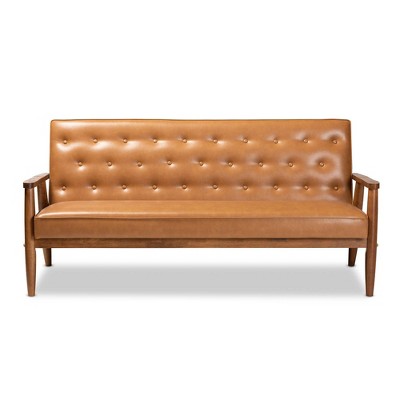 Mid-Century Walnut Brown Tufted Faux Leather Sofa