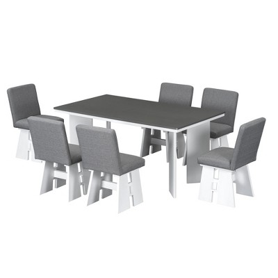 Oversart Modern 7-Piece Dining Table Set with 6 Upholstered Dining Chairs, Dark Gray+White