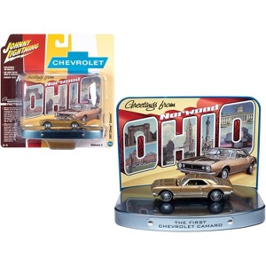 1967 Chevrolet Camaro Gold with Gold Interior with Collectible Tin Display "The First Chevrolet Camaro" 1/64 Diecast Model Car by Johnny Lightning - 1 of 3