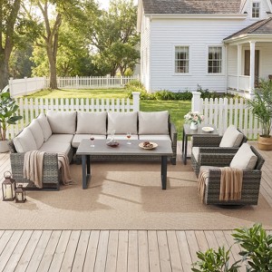 Buenhomino Outdoor Furniture Sectional Sofa L Shaped Couch - Patio Wicker Set with 2 Swivel Glider Chairs, 7 Piece Patio Conversation Set with Cushion - 1 of 4